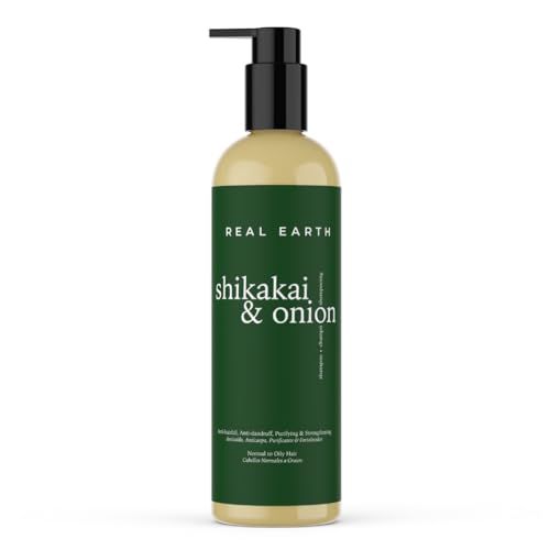 Real Earth Stories Shikakai & uienshampoo, 500 ml, shampoo tegen haaruitval en versterkend haar, anti-roos shampoo, vettig haar en normaal haar