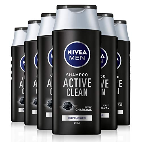 Nivea Men Active Clean Shampoo, set van 6 (6 x 250 ml), actieve koolshampoo voor normaal haar, dieptereinigingsshampoo voor mannen met frisse mannelijke geur