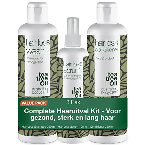 tea tree oil australian bodycare De Set tegen Haaruitval – 3 producten. Ideaal voor vrouwen en mannen die last hebben van haaruitval   De set bevat: Serum tegen Haaruitval 100ml, Shampoo tegen Haaruitval 250ml en Conditioner tegen Haaruitval 250ml van Aus