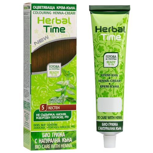 Herbal Time Henna Natuurlijke Kleur Crème Kleur Donker Bruin Nº 5   Henna Haar   Dekt Grijzen Haren   Tijdelijke Kleurstof Crème   Zonder Ammoniak, Zonder Sulfaten en Zonder Parabenen   Bruine Henna   75ml