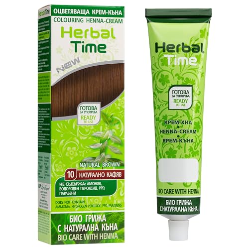 Herbal Time Henna Natuurlijke Kleur Crème Natuurlijke Bruine Kleur Nº 10   Henna Haar   Dekt Grijzen Haren   Tijdelijke Kleur Kleurstof Crème   Zonder Ammoniak, Zonder Sulfaten en Zonder Parabenen   75ml