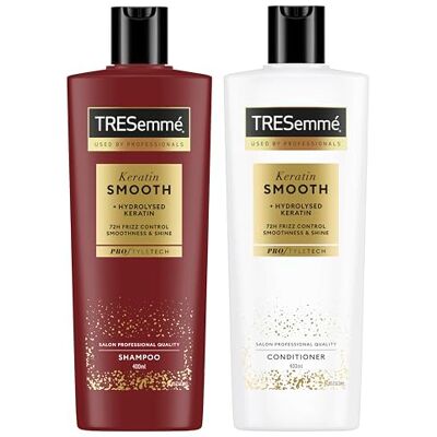 TRESemmé Tresemme Shampoo & Conditioner Keratin Smooth haarverzorgingspakket met gehydrolyseerde keratine 400 ml + 400 ml 2 stuks Voor glad haar, glanzend en zacht haar, anti-kroeseffect tot 72 uur, met gehydrolyseerde keratine TRESemmé Tresemme Shampoo & Conditioner Keratin Smooth haarverzorgingspakket met gehydrolyseerde keratine 400 ml + 400 ml 2 stuks Voor glad haar, glanzend en zacht haar, anti-kroeseffect tot 72 uur, met gehydrolyseerde keratine