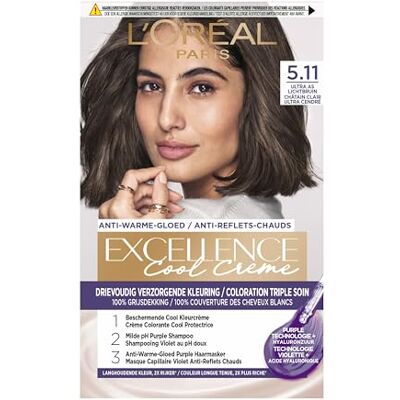 L'Oreal Paris Excellence Cool Creme 5.11 Ultra As Lichtbruin Permanente haarkleuring voor een koele asbruine kleur en 100% grijsdekking. L'Oreal Paris Excellence Cool Creme 5.11 Ultra As Lichtbruin Permanente haarkleuring voor een koele asbruine kleur en 100% grijsdekking.