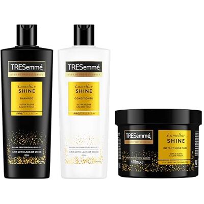 TRESemmé Tresemme Shampoo, Conditioner en Haarmasker Lamellar Shine haarverzorgingspakket voor een salonfinish vol glans met gepatenteerde Lamellar-technologie 400 ml + 400 ml + 440 ml 3 stuks Met shampoo, conditioner en masker, zijdeachtig, glanzend en TRESemmé Tresemme Shampoo, Conditioner en Haarmasker Lamellar Shine haarverzorgingspakket voor een salonfinish vol glans met gepatenteerde Lamellar-technologie 400 ml + 400 ml + 440 ml 3 stuks Met shampoo, conditioner en masker, zijdeachtig, glanzend en