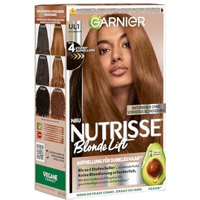 Garnier Nutrisse Blonde Lift Whitening voor donker haar in natuurlijk bruin met 4-traps whitening zonder voorafgaande blondering, 1 stuk Garnier Nutrisse Blonde Lift Whitening voor donker haar in natuurlijk bruin met 4-traps whitening zonder voorafgaande blondering, 1 stuk