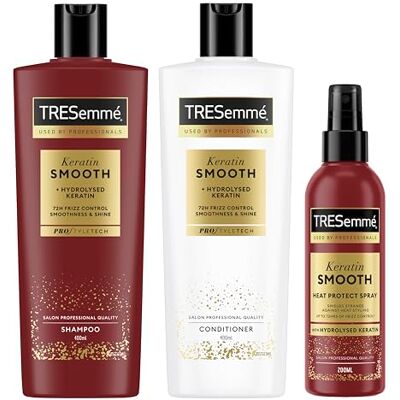 TRESemmé Tresemme Shampoo, Conditioner & Heat Protect Spray Keratin Smooth anti-vocht haarverzorgingspakket met gehydrolyseerde keratine 400 ml + 400 ml + 200 ml 3 stuks TRESemmé Tresemme Shampoo, Conditioner & Heat Protect Spray Keratin Smooth anti-vocht haarverzorgingspakket met gehydrolyseerde keratine 400 ml + 400 ml + 200 ml 3 stuks