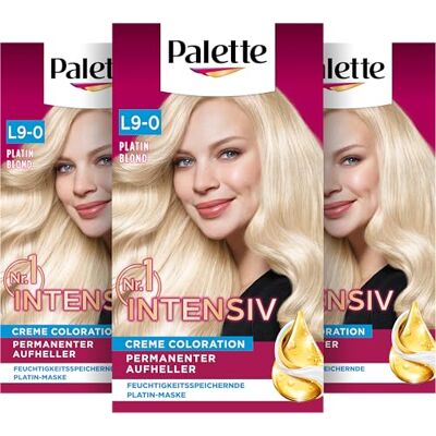 Palette Intensieve crème Coloration L9-0 Platina Blonde (3 x 135 ml), permanente bleekmiddel voor maximaal 9 niveaus lichter maken en stralende, blonde haarkleur, met anti-vergelingseffect Palette Intensieve crème Coloration L9-0 Platina Blonde (3 x 135 ml), permanente bleekmiddel voor maximaal 9 niveaus lichter maken en stralende, blonde haarkleur, met anti-vergelingseffect