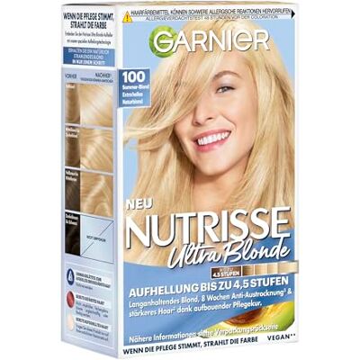 Garnier Nutrisse Crème Nr. 100 extra licht natuurlijk blond, duurzame verzorgende haarkleur, met voedende fruitoliën, 100% grijsdekking Garnier Nutrisse Crème Nr. 100 extra licht natuurlijk blond, duurzame verzorgende haarkleur, met voedende fruitoliën, 100% grijsdekking