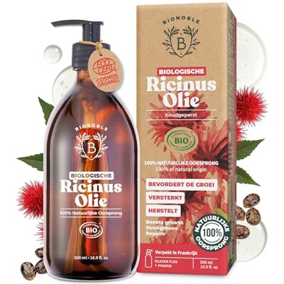 BIONOBLE Biologische Ricinusolie Koudgeperst 100% Natuurlijke Castor Oil Stimuleert Groei en Herstelt Castor olie voor Haar, Wimpers, Wenkbrauwen Glazen Fles met Pompje 500ml BIONOBLE Biologische Ricinusolie Koudgeperst 100% Natuurlijke Castor Oil Stimuleert Groei en Herstelt Castor olie voor Haar, Wimpers, Wenkbrauwen Glazen Fles met Pompje 500ml