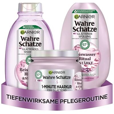 Garnier Echte schatten gladmakende haarverzorgingsset met rijstwater voor middellang haar, voor meer glans en soepelheid, shampoo (250 ml), conditioner (200 ml), 1-minuut haarkuur (340 ml), 3-delig Garnier Echte schatten gladmakende haarverzorgingsset met rijstwater voor middellang haar, voor meer glans en soepelheid, shampoo (250 ml), conditioner (200 ml), 1-minuut haarkuur (340 ml), 3-delig