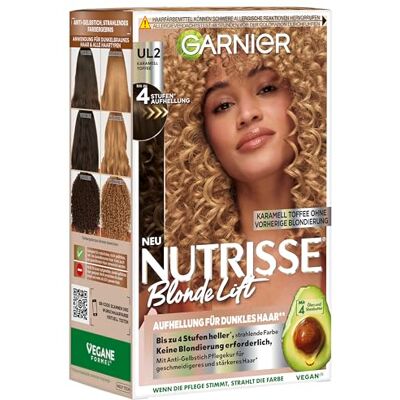 Garnier Nutrisse Blonde Lift Whitening voor donker haar in karamel toffee met 4-traps whitening zonder voorafgaande blondering, 1 stuk Garnier Nutrisse Blonde Lift Whitening voor donker haar in karamel toffee met 4-traps whitening zonder voorafgaande blondering, 1 stuk