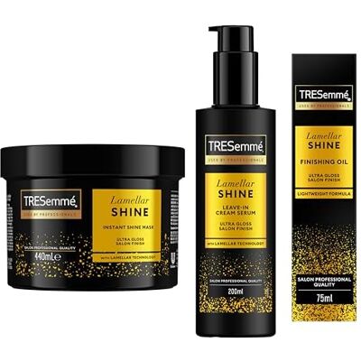 TRESemmé Tresemme Haarmasker, Leave-in Crème Serum & Finishing Oil Lamellar Shine haarverzorgingspakket voor een salonfinish vol glans met gepatenteerde Lamellar-technologie 400 ml + 200 ml + 75 ml 3 stuks TRESemmé Tresemme Haarmasker, Leave-in Crème Serum & Finishing Oil Lamellar Shine haarverzorgingspakket voor een salonfinish vol glans met gepatenteerde Lamellar-technologie 400 ml + 200 ml + 75 ml 3 stuks