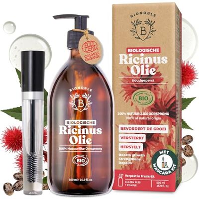 BIONOBLE Biologische Ricinusolie Koudgeperst + Mascara Kit, 100% Natuurlijke Castor Oil Stimuleert Groei, Herstelt Castor olie voor Haar, Wimpers, Wenkbrauwen Glazen Fles met Pompje 500ml BIONOBLE Biologische Ricinusolie Koudgeperst + Mascara Kit, 100% Natuurlijke Castor Oil Stimuleert Groei, Herstelt Castor olie voor Haar, Wimpers, Wenkbrauwen Glazen Fles met Pompje 500ml