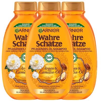 Garnier Echte schatten verzorgende olie-shampoo, argan- en camelia-olie, verzorgt intensief, verlicht glans en soepelheid, 3 x 250 ml Garnier Echte schatten verzorgende olie-shampoo, argan- en camelia-olie, verzorgt intensief, verlicht glans en soepelheid, 3 x 250 ml