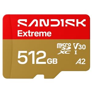 SanDisk Extreme microSDXC UHS-I-kaart + SD Adapter, 512 GB (tot 245 MB/s leessnelheid en 170 MB/s schrijfsnelheid, 5,3K video, C10, V30, U3, A2) SanDisk Extreme microSDXC UHS-I-kaart + SD Adapter, 512 GB (tot 245 MB/s leessnelheid en 170 MB/s schrijfsnelheid, 5,3K video, C10, V30, U3, A2)