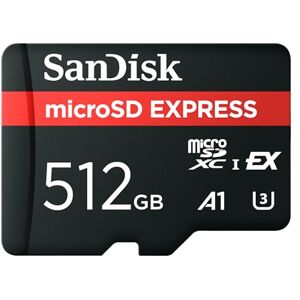 SanDisk microSD Express-kaart 512 GB, tot 880 MB/s leessnelheid, tot 650 MB/s schrijfsnelheid, 220 MB/s doorlopende schrijfsnelheid, U3, C10 SanDisk microSD Express-kaart 512 GB, tot 880 MB/s leessnelheid, tot 650 MB/s schrijfsnelheid, 220 MB/s doorlopende schrijfsnelheid, U3, C10