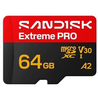 SanDisk Extreme PRO microSD UHS-I-kaart + SD Adapter, 64 GB (leessnelheden tot 200 MB/s en schrijfsnelheden tot 90 MB/s, 5K, 3K, 4K UHD, C10, V30, U3, A2) SanDisk Extreme PRO microSD UHS-I-kaart + SD Adapter, 64 GB (leessnelheden tot 200 MB/s en schrijfsnelheden tot 90 MB/s, 5K, 3K, 4K UHD, C10, V30, U3, A2)