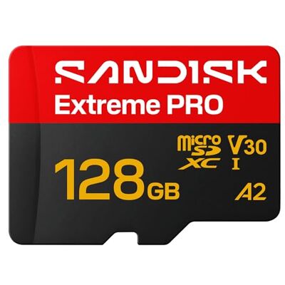 SanDisk Extreme PRO microSD UHS-I-kaart + SD Adapter, 128 GB (leessnelheden tot 250 MB/s en schrijfsnelheden tot 120 MB/s, 5K, 3K, 4K UHD, C10, V30, U3, A2) SanDisk Extreme PRO microSD UHS-I-kaart + SD Adapter, 128 GB (leessnelheden tot 250 MB/s en schrijfsnelheden tot 120 MB/s, 5K, 3K, 4K UHD, C10, V30, U3, A2)