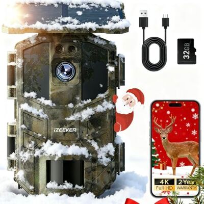 iZEEKER Zonne-wifi-jachtcamera, 4 K, 64 MP, Bluetooth, jachtcamera met nachtzicht, 0,1 seconden, bewegingsgeactiveerd, 5200 mAh batterij met 32 GB micro-SD-kaart iZEEKER Zonne-wifi-jachtcamera, 4 K, 64 MP, Bluetooth, jachtcamera met nachtzicht, 0,1 seconden, bewegingsgeactiveerd, 5200 mAh batterij met 32 GB micro-SD-kaart