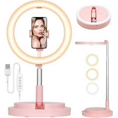 TARION Led-ringlamp: 30 cm opvouwbare ringlamp, tafelringlicht met statief en telefoonhouder voor video, fotografie, selfie, live streaming, zoom (roze) TARION Led-ringlamp: 30 cm opvouwbare ringlamp, tafelringlicht met statief en telefoonhouder voor video, fotografie, selfie, live streaming, zoom (roze)