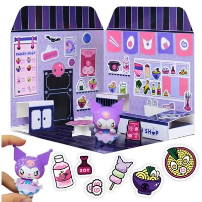 Comansi Playset Kuromi Ramen Shop 40+ stickers en 6 cm figuur 3D huis restaurant stickers herbruikbaar Kawaii Foodcourt sticker huis Comansi Playset Kuromi Ramen Shop 40+ stickers en 6 cm figuur 3D huis restaurant stickers herbruikbaar Kawaii Foodcourt sticker huis