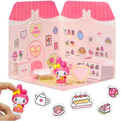 Comansi Playset My Melody Tea Room 40+ stickers en 6 cm figuur, 3D huis restaurant stickers herbruikbaar Kawaii Foodcourt sticker huis Comansi Playset My Melody Tea Room 40+ stickers en 6 cm figuur, 3D huis restaurant stickers herbruikbaar Kawaii Foodcourt sticker huis
