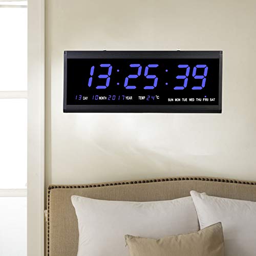 SanBouSi Led digitale wandklok 48 cm kalenderklok temperatuur wandklokken digitale klok cijfer display tafelklok voor kamer keuken kantoor, EU-stekker (blauw)