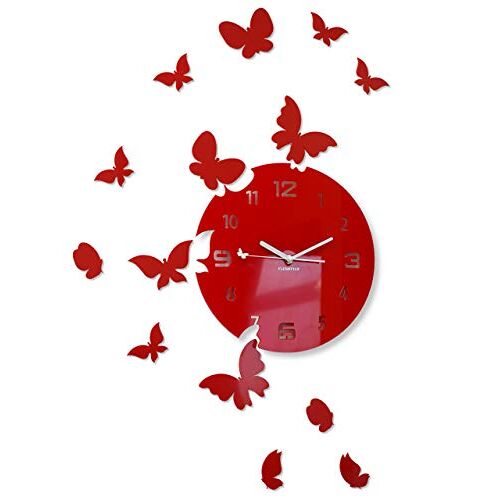 FLEXISTYLE Grote moderne wandklok vlinder rond 30 cm, 15 vlinders, woonkamer, slaapkamer, kinderkamer, product gemaakt in de EU (rood)