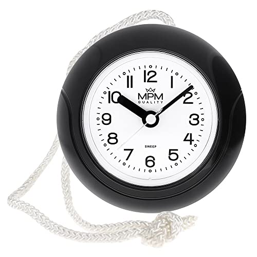 MPM Quality Design badkamerklok van kunststof, kwartsuurwerk Sweep, 3-5 ATM waterdicht, zwart, Ø 135 mm, ook geschikt voor buiten en als badkamerklok, zwembadklok, keukenklok