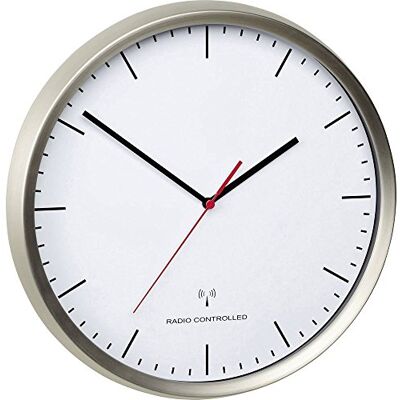 TFA Dostmann zendergestuurde wandklok, 60.3521.02, modern keukenklok, hoge precisie, rustig loopwerk "sweep", frame uit geborsteld roestvrij staal, met secondewijzer, zilver/wit, Ø 305 mm TFA Dostmann zendergestuurde wandklok, 60.3521.02, modern keukenklok, hoge precisie, rustig loopwerk "sweep", frame uit geborsteld roestvrij staal, met secondewijzer, zilver/wit, Ø 305 mm