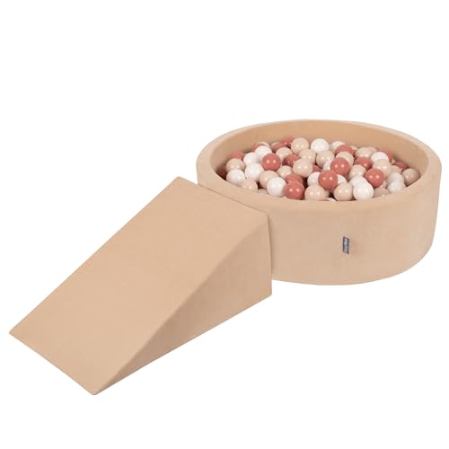 KiddyMoon Speeltuin Fluweel Van Schuim Met Rond Ballenbad (100 Ballen) + Kruisje Ballenkuilen Voor Baby's Speelbad, Zandbeige: Pastel Beige/Zalm Roze/Wit