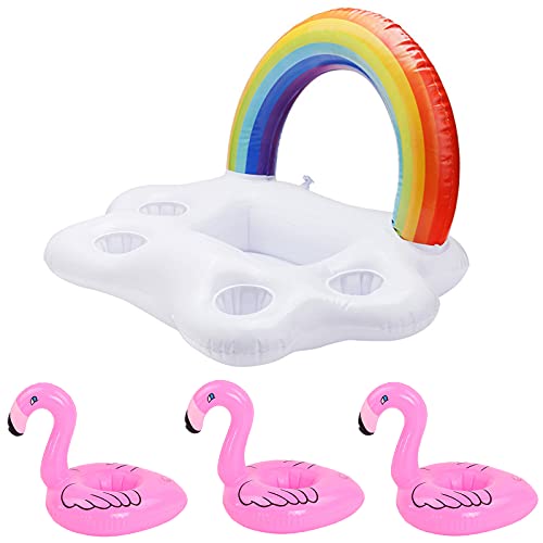 Etern Opblaasbare Onderzetters, 1 Stuks Opblaasbare Rainbow Cloud Drinkhouder + 2 Stuks Opblaasbare Flamingo Drinkhouder, voor Waterentertainment, Poolparty en Zwembaddecoratie