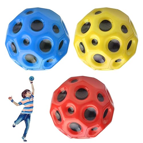 SansRealmL Astro Jump Ball, set van 3 hoge springballen Moonball, ruimte-thema springballen voor kinderen, Moon Ball rubberen bal set in rood, geel en blauw, stuiterbal speelgoed voor feestcadeaus.