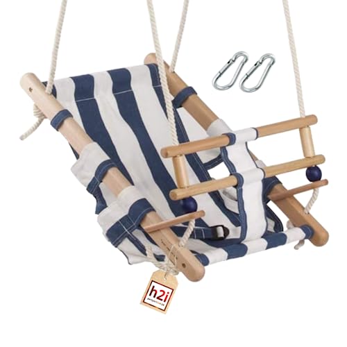 h2i Babyschommel met bevestigingsriem, kinderschommel van weerbestendige stof, schommel voor binnen en buiten, schommel voor baby's en peuters, blauw-wit