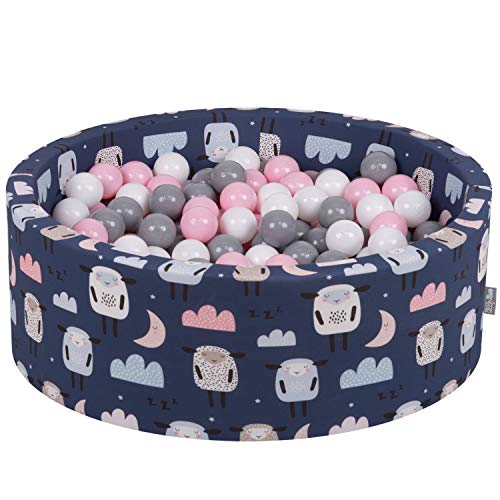 KiddyMoon Babyballenbak van schuim met ballen, 90 x 30 cm / 300 ballen van ∅ 7 cm, schapen-donkerblauw: wit / grijs / poederroze