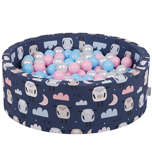 KiddyMoon Babyballenbak van schuim met ballen, 90 x 30 cm / 200 ballen van ∅ 7 cm, schapen-donkerblauw: babyblauw / poederroze / parelkleurig