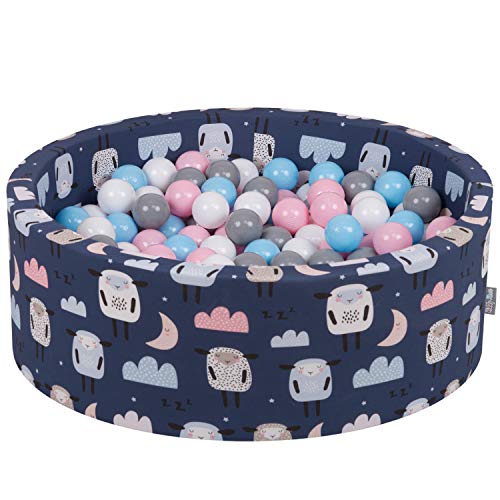 KiddyMoon Babyballenbak van schuim met ballen, 90 x 30 cm / 300 ballen van ∅ 7 cm, schapen-donkerblauw: wit / grijs / babyblauw / poederroze