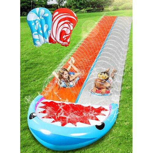 Sloosh 685,8 cm glijbaan voor 2 personen, deluxe waterglijbaan met 2 Boogie Boards achtertuin outdoor waterglijbaan 2 glijbanen met sprinklers zomerspeelgoed