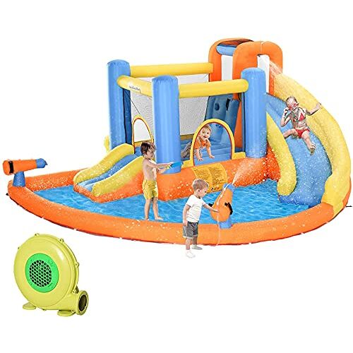 KLLJHB Opblaasbare waterglijbaan voor kinderen 5-in-1 opblaasbaar springkasteel met waterzwembad, glijbaan, klimwanden en 2 waterpistolen