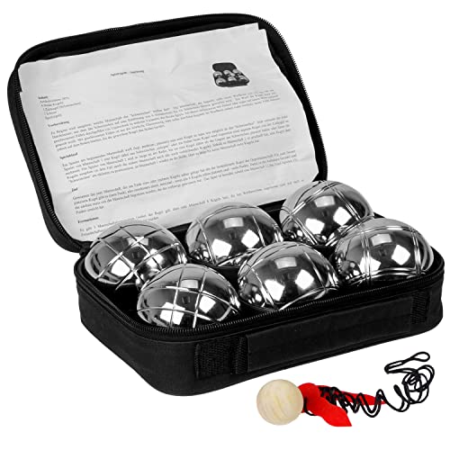 FunTomia Boccia ballen set, boule ballen met 6 metalen ballen 73 mm, 720 g, 1 x houten bal, 1 x afstandsmeter incl. luxe draagtas, petanque voor outdoor-spel, tuin en strandspeelgoed