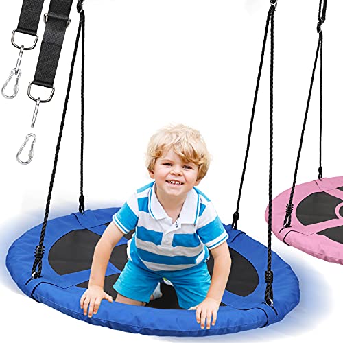 Physionics ® Nestschommel Outdoor/Indoor, tot 300 kg belasting, Ø100 cm, voor kinderen en volwassenen, blauw/roze ronde schommel, bord schommel, tuinschommel, hangschommel, meerkindsschommel (blauw)