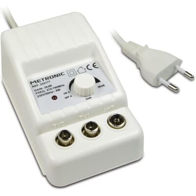 Metronic 332187 Versterker, digitale terrestrische tv-antenne, signaalversterker met voeding, splitter voor tv-systemen, compatibel met 4G/5G, 24 dB, 2 uitgangen tv-aansluiting 9,52 mm Metronic 332187 Versterker, digitale terrestrische tv-antenne, signaalversterker met voeding, splitter voor tv-systemen, compatibel met 4G/5G, 24 dB, 2 uitgangen tv-aansluiting 9,52 mm