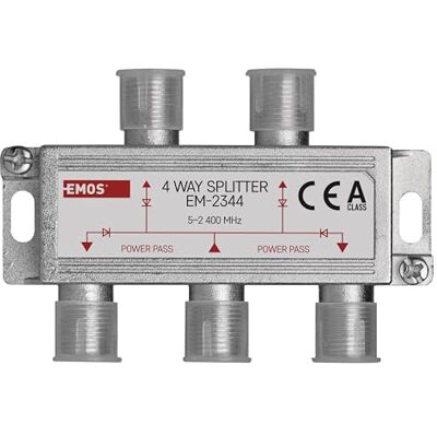 EMOS 4-weg antenneverdeler A-Class 3-voudige SAT-splitter met F-bus volledig afgeschermd 7,5 dB frequentie 5-2400 MHz 1 ingang / 4 uitgangen SAT+TV antennes tv-verdeler met DC-doorlaat EMOS 4-weg antenneverdeler A-Class 3-voudige SAT-splitter met F-bus volledig afgeschermd 7,5 dB frequentie 5-2400 MHz 1 ingang / 4 uitgangen SAT+TV antennes tv-verdeler met DC-doorlaat