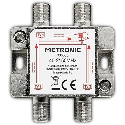 Metronic 336303 TV-verdeler, coax-splitter, DVB-T2 en satellieten, tv-antenne, afgeschermd, metaal, 1 ingang 3 F-uitgangen Metronic 336303 TV-verdeler, coax-splitter, DVB-T2 en satellieten, tv-antenne, afgeschermd, metaal, 1 ingang 3 F-uitgangen