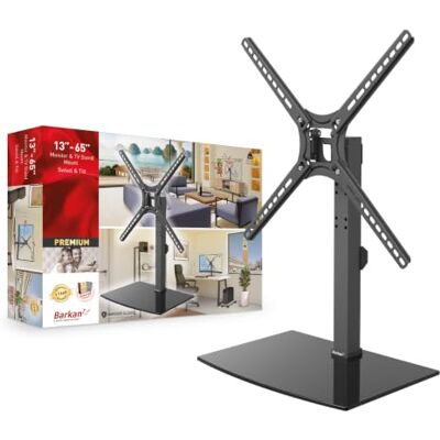 Barkan Tafelblad TV-bevestiging, 29-58 inch draaibare en schuine stand plat/gebogen tv-standaard, houdt tot 25 kg, gepatenteerd, gehard glas, past op LED OLED LCD Barkan Tafelblad TV-bevestiging, 29-58 inch draaibare en schuine stand plat/gebogen tv-standaard, houdt tot 25 kg, gepatenteerd, gehard glas, past op LED OLED LCD
