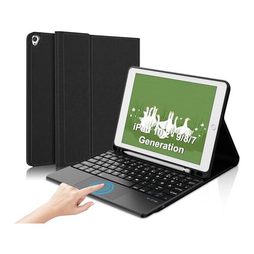 IVEOPPE iPad 9 generatie hoes met toetsenbord iPad toetsenbord 9e generatie met touchpad, iPad hoes voor iPad 10,2 inch 9/8/7 generatie, iPad Air 3. gen, QWERTZ-Bluetooth-trackpad toetsenbord