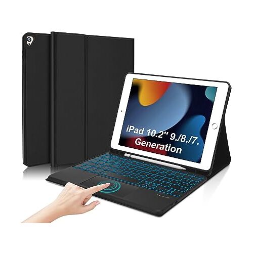 IVEOPPE Toetsenbord hoes voor iPad 10,2 inch 9/8/7 generatie iPad 9e generatie hoes met toetsenbord 2021, QWERTZ-verlicht toetsenbord met touchpad voor iPad Air 3. gen,iPad 10.2'', iPad Pro 10,5