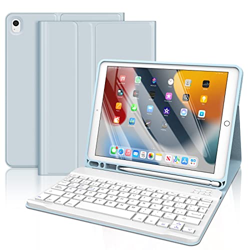 FOGARI Beschermhoes voor iPad 10.2 toetsenbord, met toetsenbord iPad 2021/2020/2019 (9a 8a en 7a Gen)/iPad Air 3/iPad Pro 10,5, Spaans toetsenbord, Bluetooth, magnetisch, afneembare hoes met voetsteun automatisch blauw