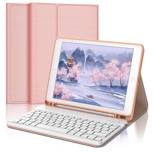 FOGARI Toetsenbord voor iPad 9e generatie – toetsenbord voor iPad 8e generatie, draadloos AZERTY-toetsenbord, Bluetooth, zachte achterkant, beschermhoes voor iPad 10.2 9/8/7e generatie, roze
