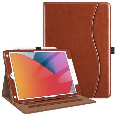 FINTIE Hoesje compatibel met iPad 9e / 8e / 7e generatie (2021/2020/2019 release, 10,2 inch), hoekbescherming, kijkstandaard met meerdere kijkhoeken met zak en potloodhouder, vintage bruin FINTIE Hoesje compatibel met iPad 9e / 8e / 7e generatie (2021/2020/2019 release, 10,2 inch), hoekbescherming, kijkstandaard met meerdere kijkhoeken met zak en potloodhouder, vintage bruin